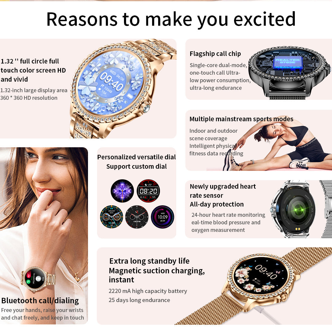 Luxury Women's Smartwatch – Heart Rate, Blood Oxygen, Sleep Monitoring, Bluetooth Call, Diamond… — product image 12