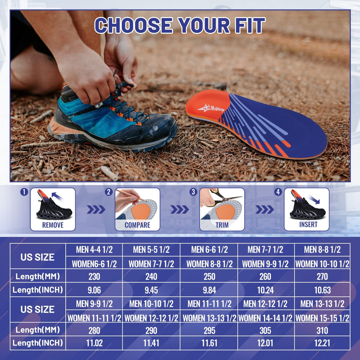 High-Arch Orthopedic Insoles — shoe-fit and size chart