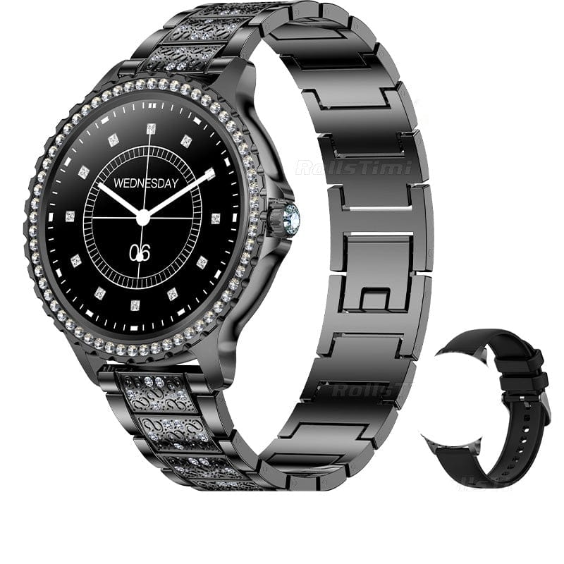 Women's Fitness Smartwatch — Black Steel color, black metal-band watch with spare strap