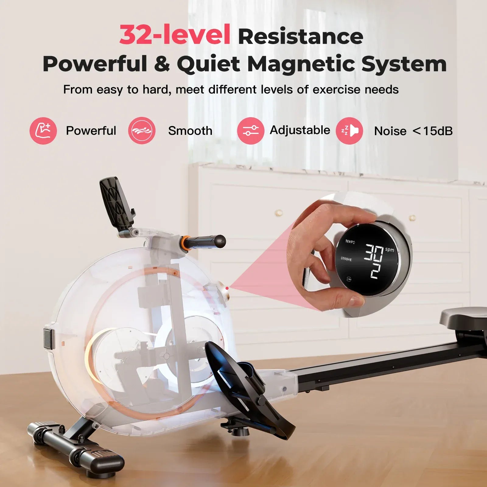 Magnetic Rowing Machine for Home – 32 Level Adjustable Resistance Cardio Trainer with LED Monitor and… — product image 8