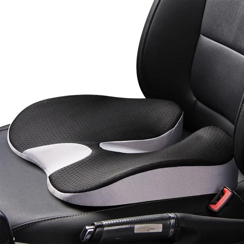 Orthopedic Memory Foam Seat Cushion — Gray color, black seat cushion in a car