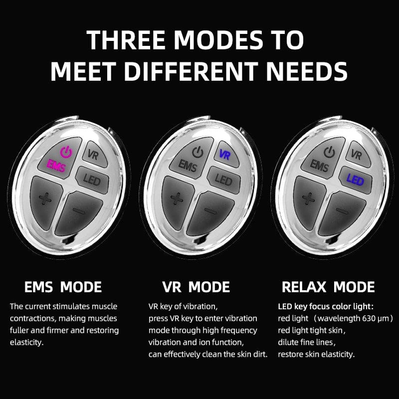 EMS Face Massager — three control-mode display guide