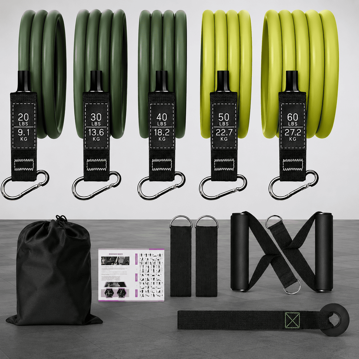 Resistance Band Set 5 Tubes 10 - 60 lbs with Handles & Anchor - Darian Fits