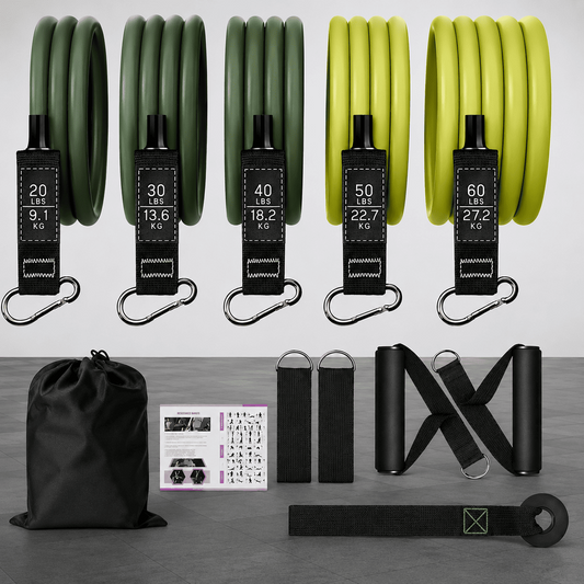Resistance Band Set 5 Tubes 10 - 60 lbs with Handles & Anchor - Darian Fits